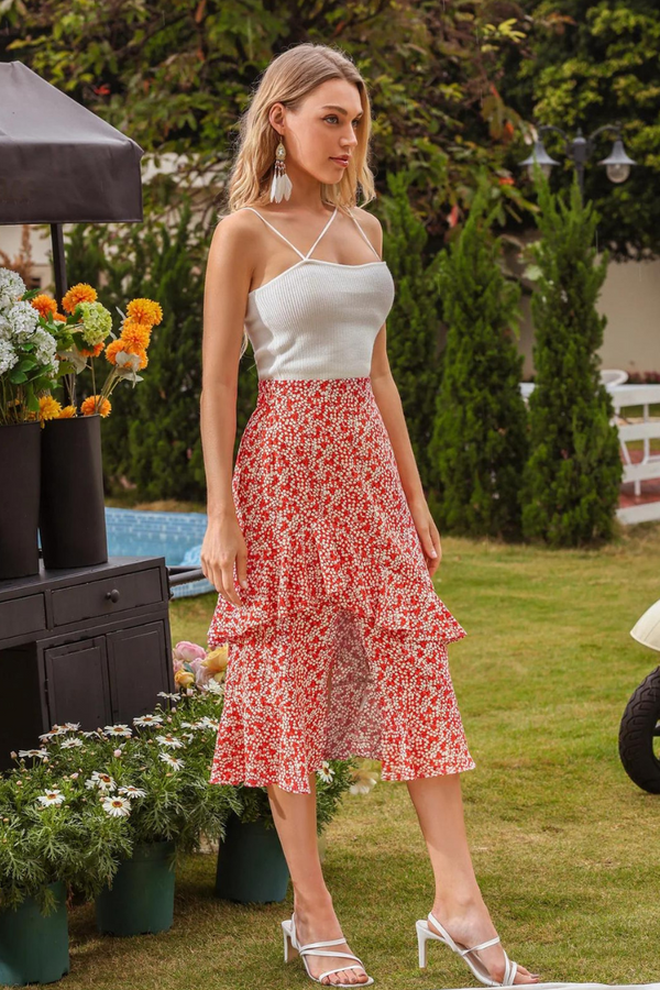 Kate Aspen Women Side Slit Skirt Elastic High Waist Ruffled Hem Flared A-Line Skirt