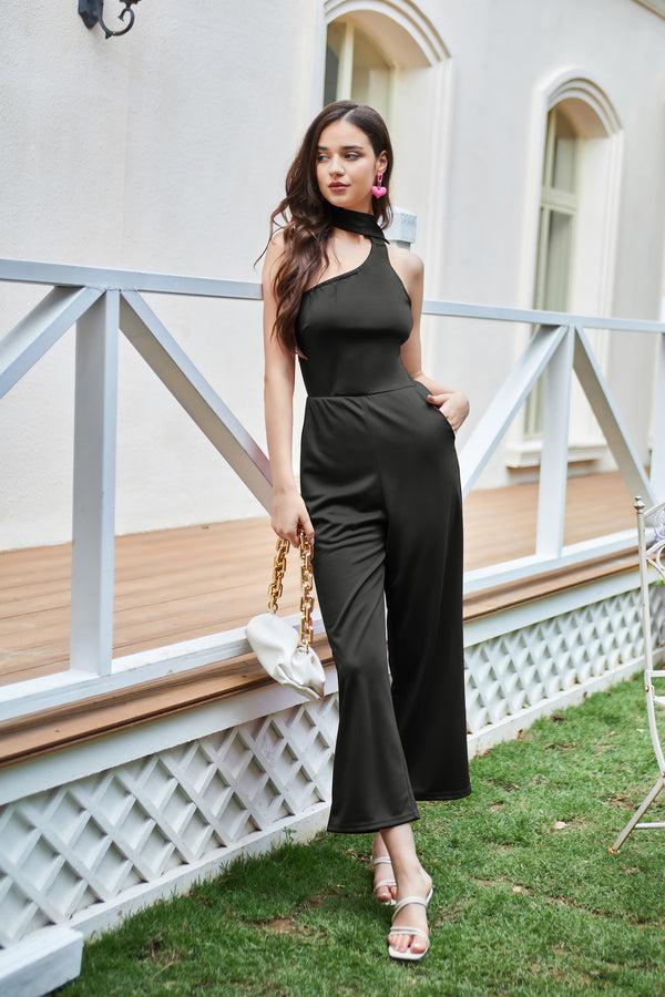 Kate Aspen Women Straight Leg Jumpsuit Sash Decorated One Shoulder Ankle Length Romper