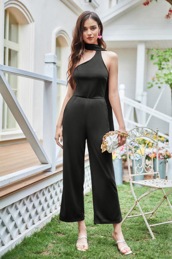 kate aspen Women Straight Leg Jumpsuit Sash Decorated One Shoulder Ankle Length Romper