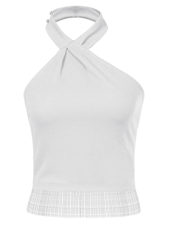 Kate Aspen Women Tassel Hem Party Tops Slim Fit Backless Asymmetric Halterneck Tops