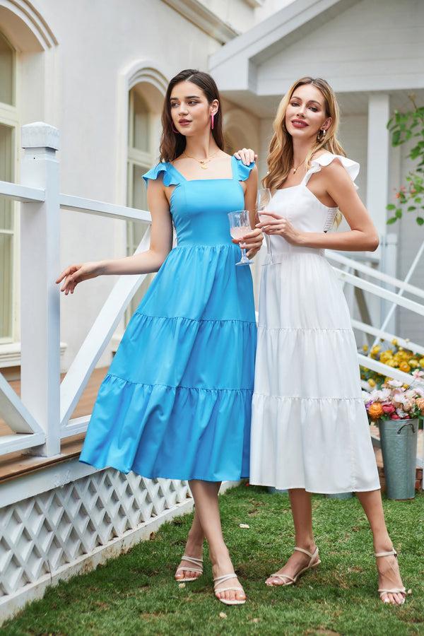 Kate Aspen Women Tiered Midi Dress Sleeveless Square Neck Hollowed-out Back A-Line Dress