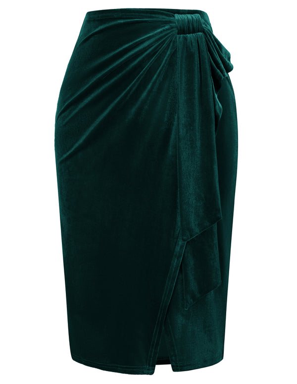 Kate Aspen Women Wrap Hem Velvet Skirt Elastic Waist Below Knee Ruched Bodycon Skirt