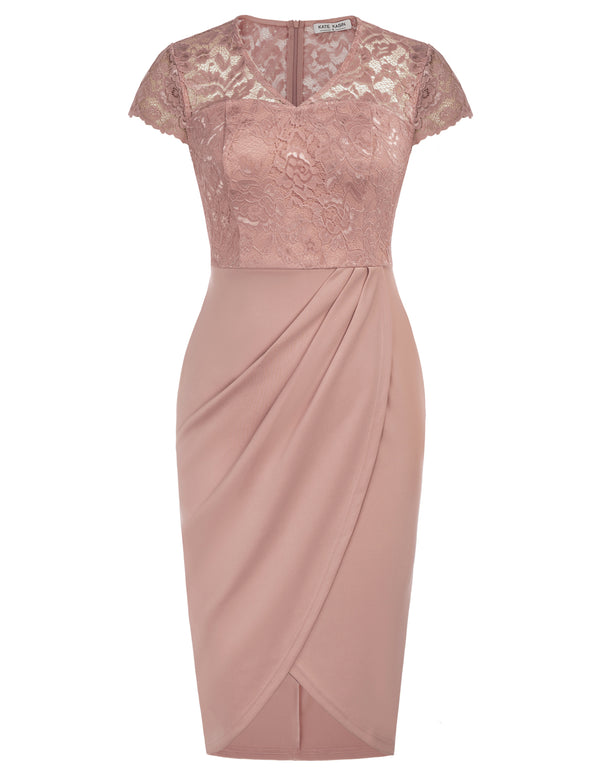 Kate Aspen Womens Short Sleeve Floral Elegant Lace Cocktail Dress V Neck Knee Length Wrap Bodycon Dress