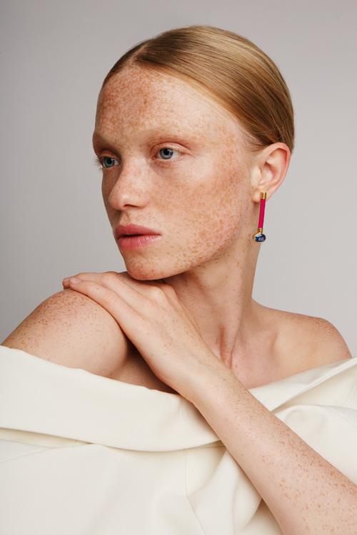 Katerina Makriyianni Silky Baguette Earrings Blue/ Fucshia