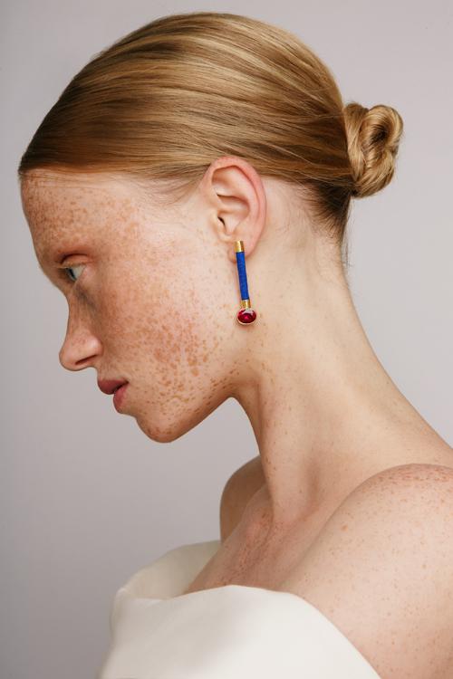 Katerina Makriyianni Silky Baguette Earrings Red/ Blue