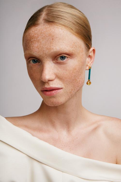 Katerina Makriyianni Silky Baguette Earrings Yellow/ Petrol