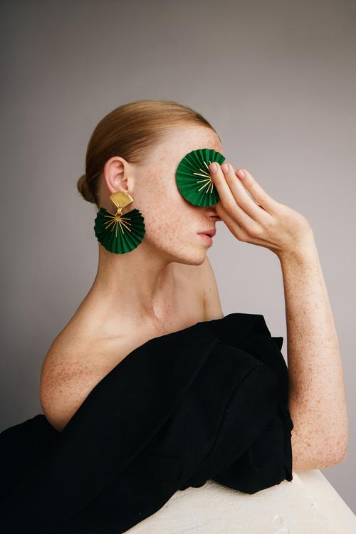 Katerina Makriyianni Sparkle Fan Earrings / Small Emerald Green