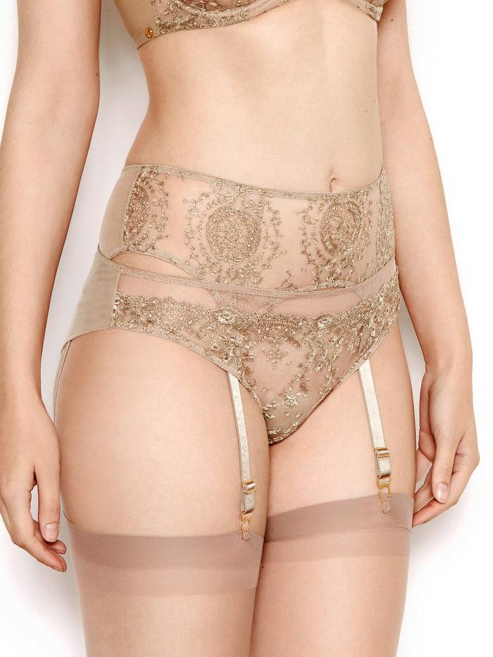 katherine hamilton Abrielle gold embroidered suspender belt