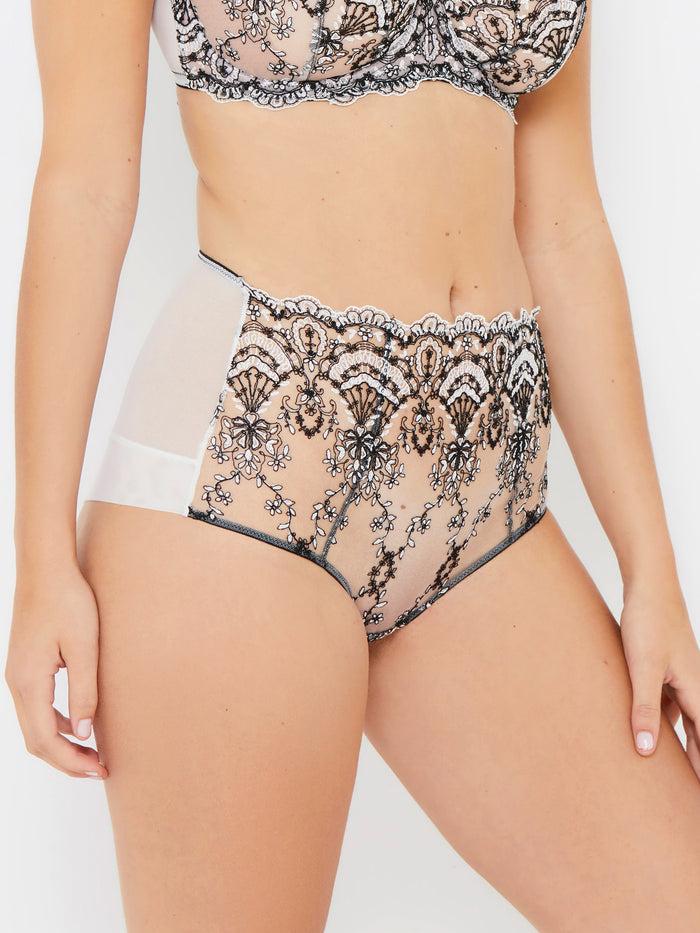 katherine hamilton Cora black and white high waist knickers with cord embroidery