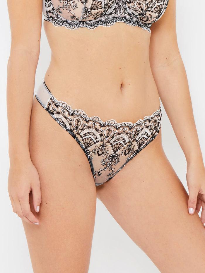 katherine hamilton Cora black and white thong with cord embroidery