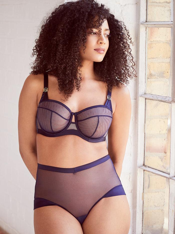 katherine hamilton Nina navy blue sheer mesh bra with silk trims