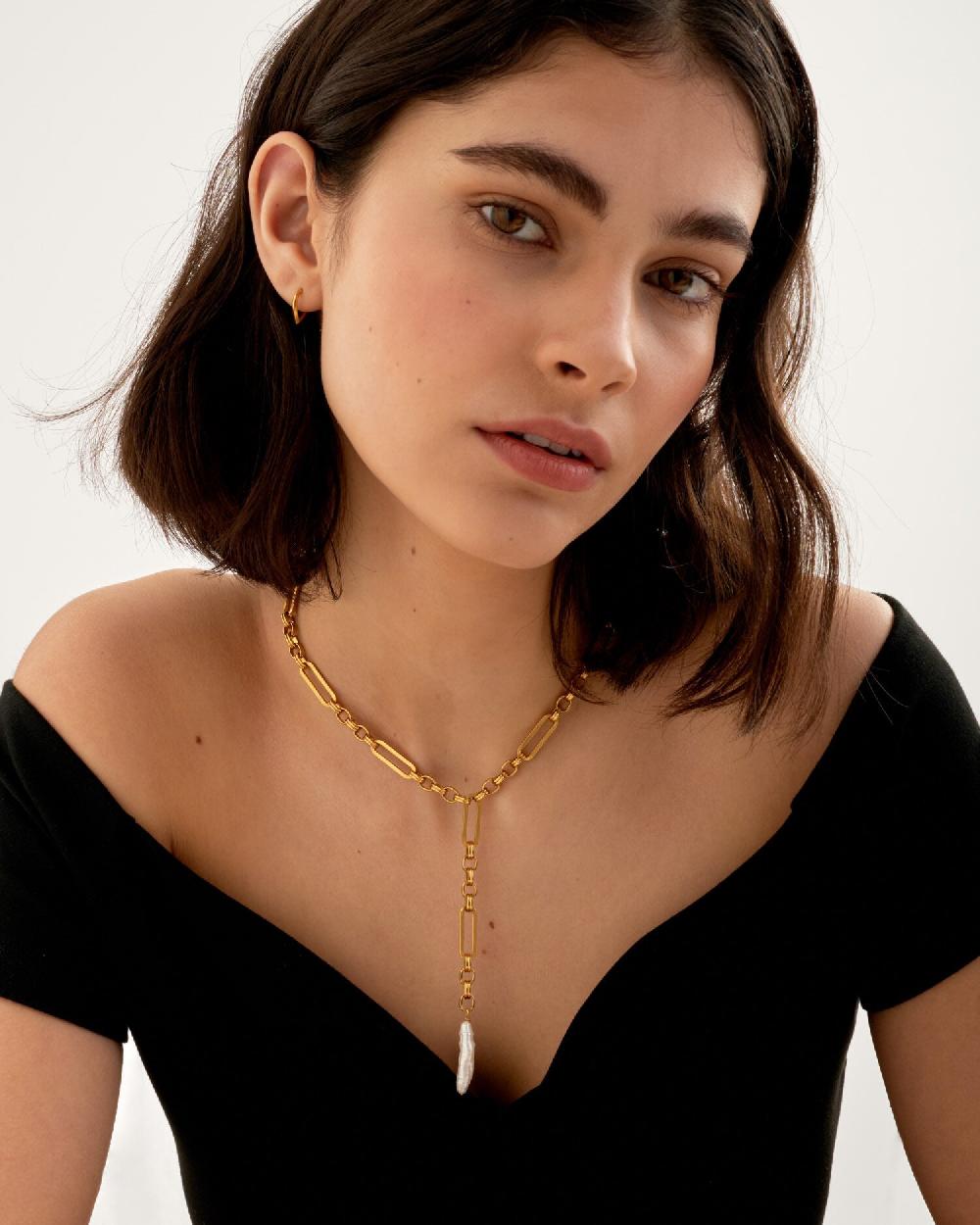 katie loxton Allure Waterproof Gold Pearl Lariat Necklace