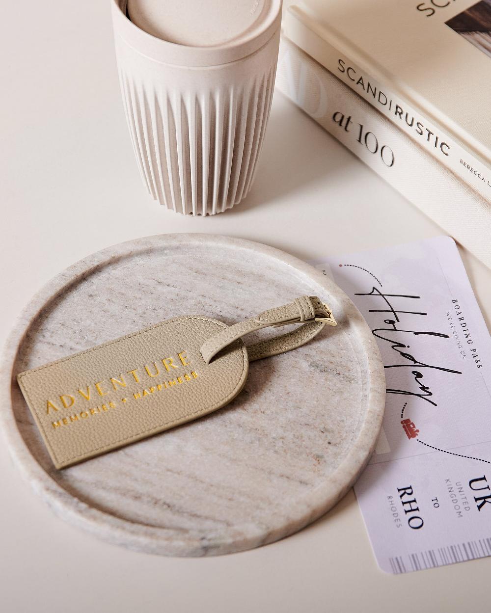 katie loxton Sentiment Luggage Tag 'Adventure Memories Happiness' in Light Taupe