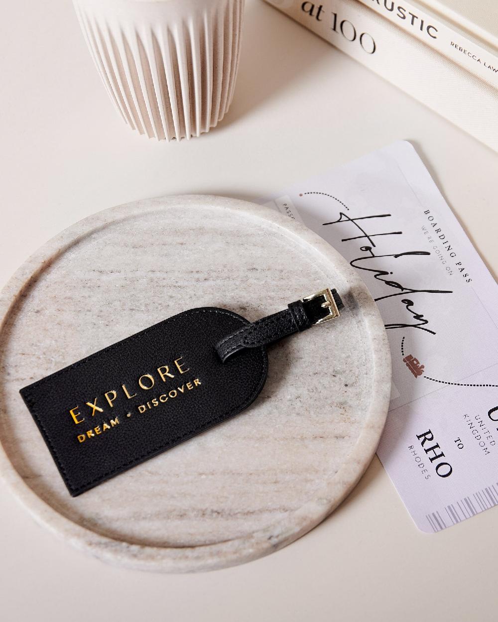 katie loxton Sentiment Luggage Tag 'Explore Dream Discover' in Black