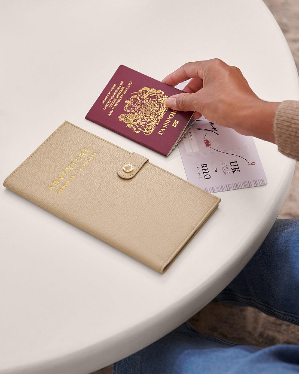 katie loxton Sentiment Travel Wallet 'Adventure Memories Happiness' in Light Taupe