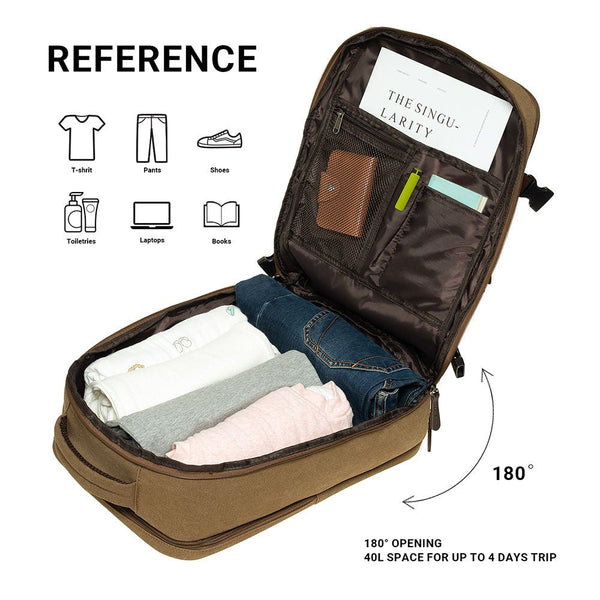 Kaukko KAUKKO Thick Canvas Travel Backpack Flight Approved Carry On Backpack With Shoe Pouch And 15.6 Inch Laptop Compartment