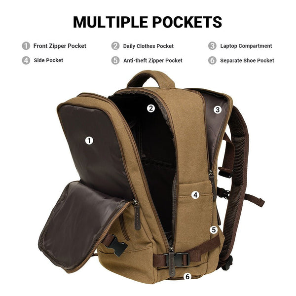 Kaukko KAUKKO Thick Canvas Travel Backpack Flight Approved Carry On Backpack With Shoe Pouch And 15.6 Inch Laptop Compartment
