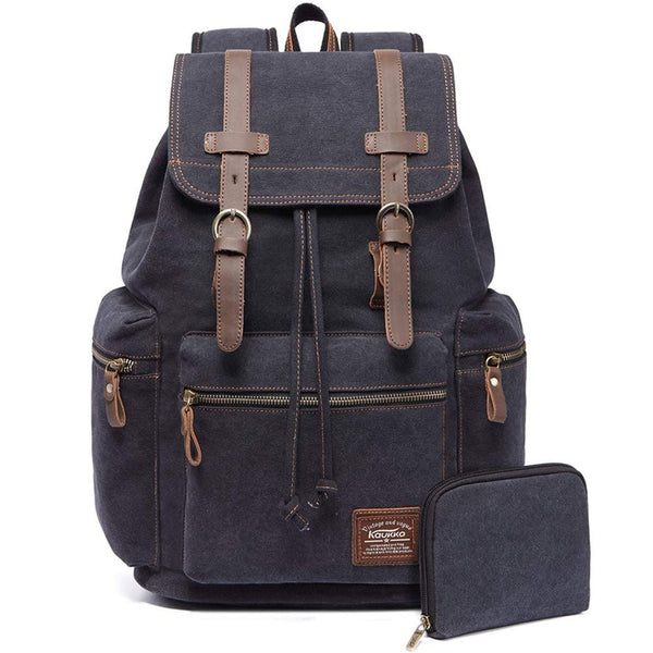 kaukko KAUKKO Vintage Casual Canvas and Leather Rucksack Retro Backpack for School Work Travel Hiking 19L