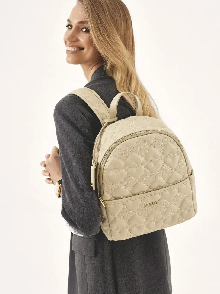 Kazar Beige Backpack With Embroidered Heart Pattern