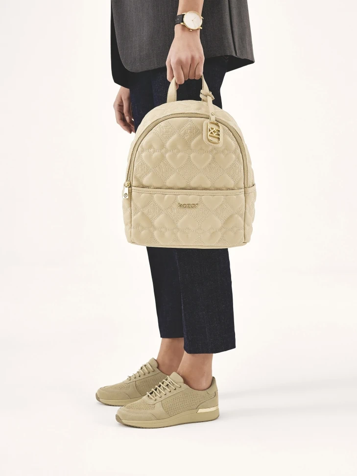 Kazar Beige Backpack With Embroidered Heart Pattern