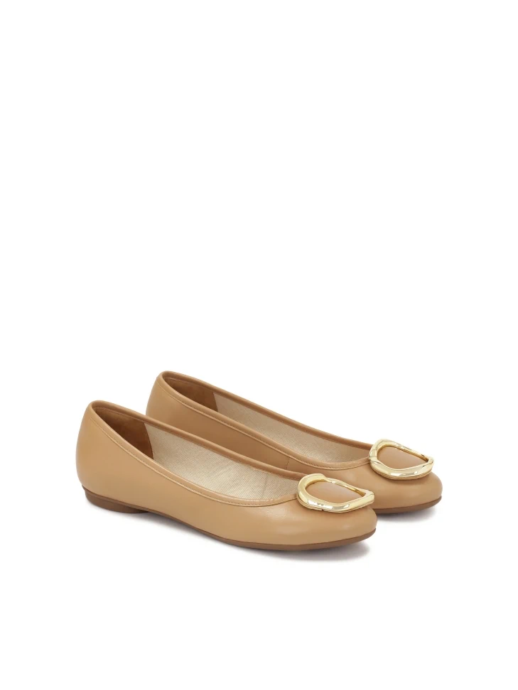 Kazar Beige Leather Ballerinas With Metal Embellishment