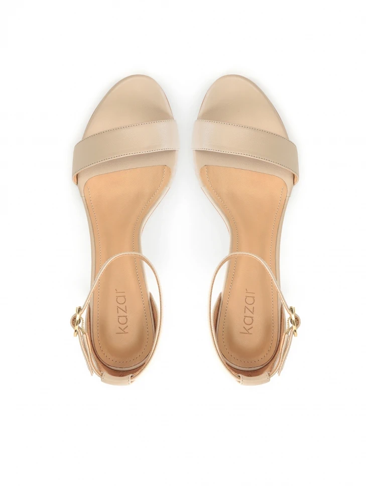 Kazar Beige Leather Sandals With A Low Stiletto Heel