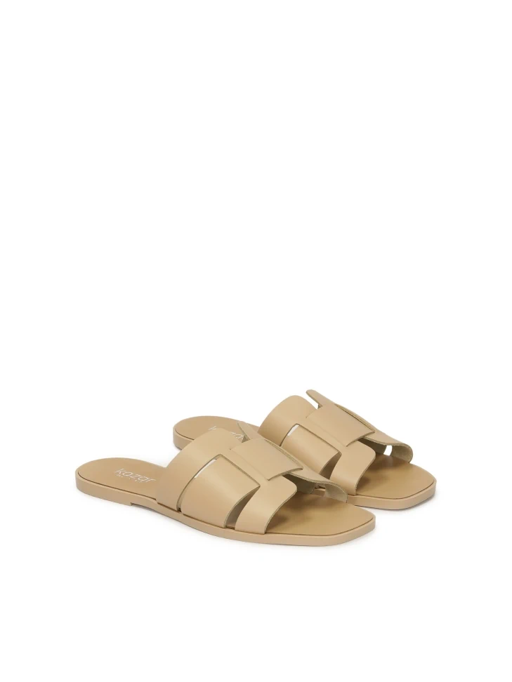 Kazar Beige Natural Leather Slides With A Minimalist Design
