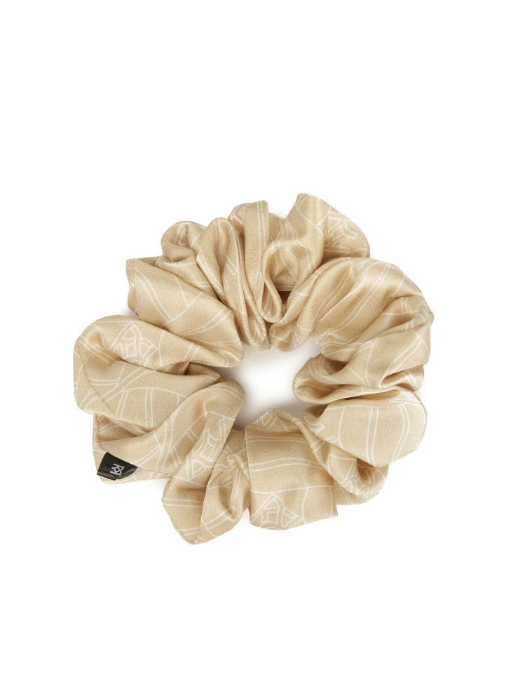 Kazar Beige Scrunchie Rubber Band In A Corporate Pattern