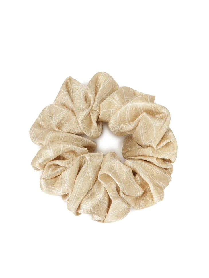 kazar Beige scrunchie rubber band in a corporate pattern