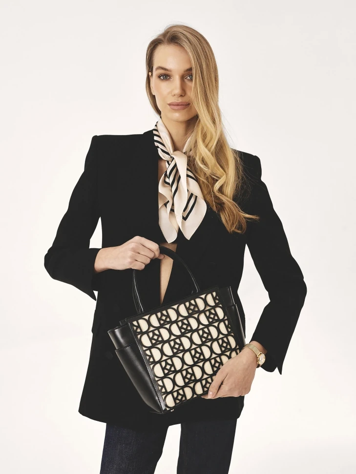 Kazar Beige Silk Scarf With Geometric Black Pattern