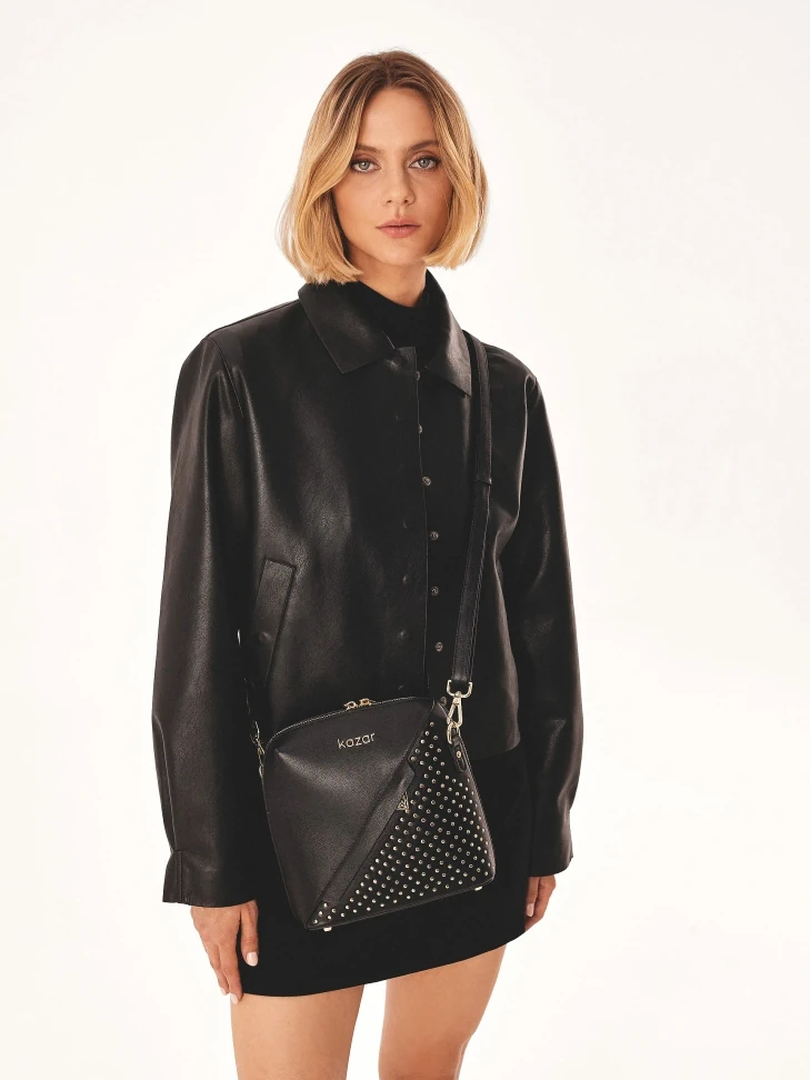 Kazar Black Belt Handbag Decorated With Small Rivets