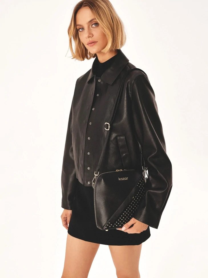Kazar Black Belt Handbag Decorated With Small Rivets