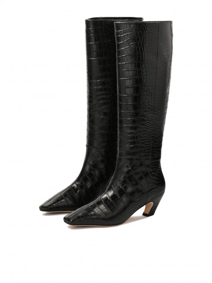 Kazar Black Boots With Animal Motif On Kitten Heels