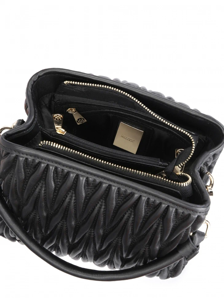 Kazar Black Crinkled Handbag With Handle For Hand And Shoulder