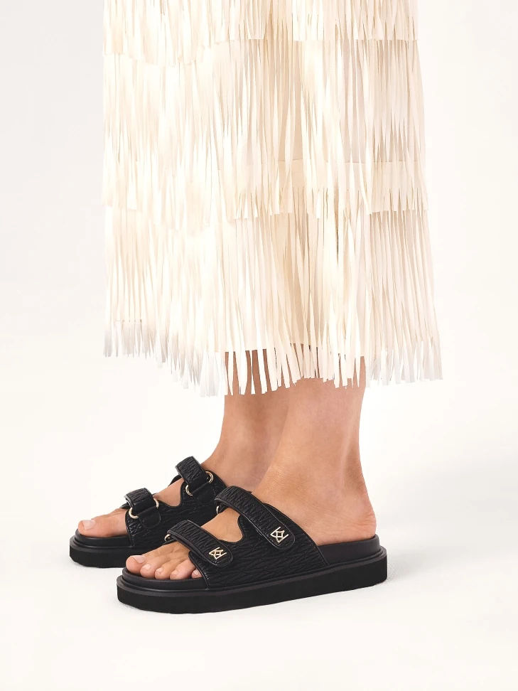 Kazar Black Embossed Leather Slides On A Comfortable Sole