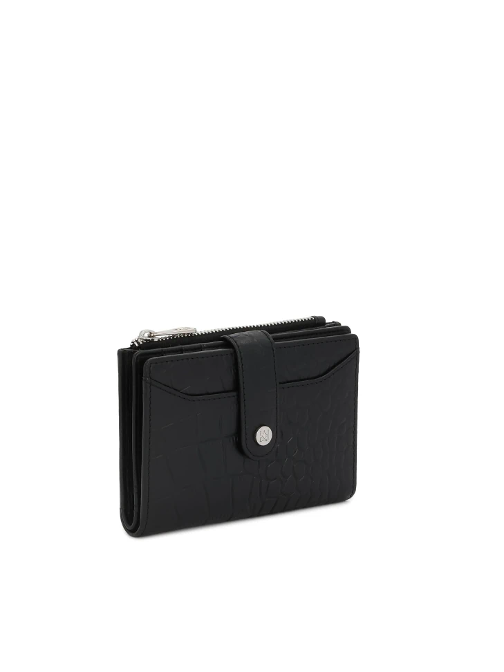 Kazar Black Embossed Leather Wallet With Snap Closure