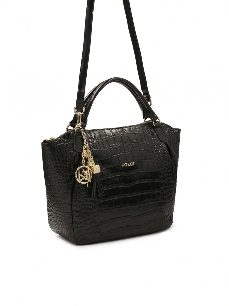 Kazar Black Handbag With Detachable Strap In Embossed Crocodile Pattern