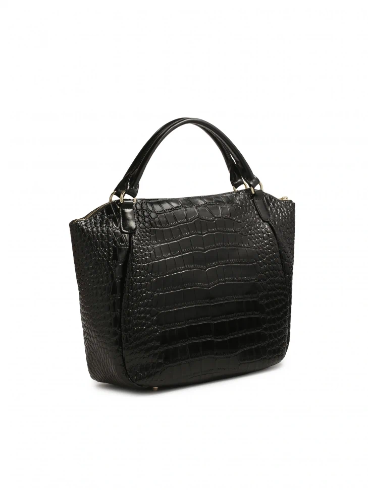 Kazar Black Handbag With Detachable Strap In Embossed Crocodile Pattern