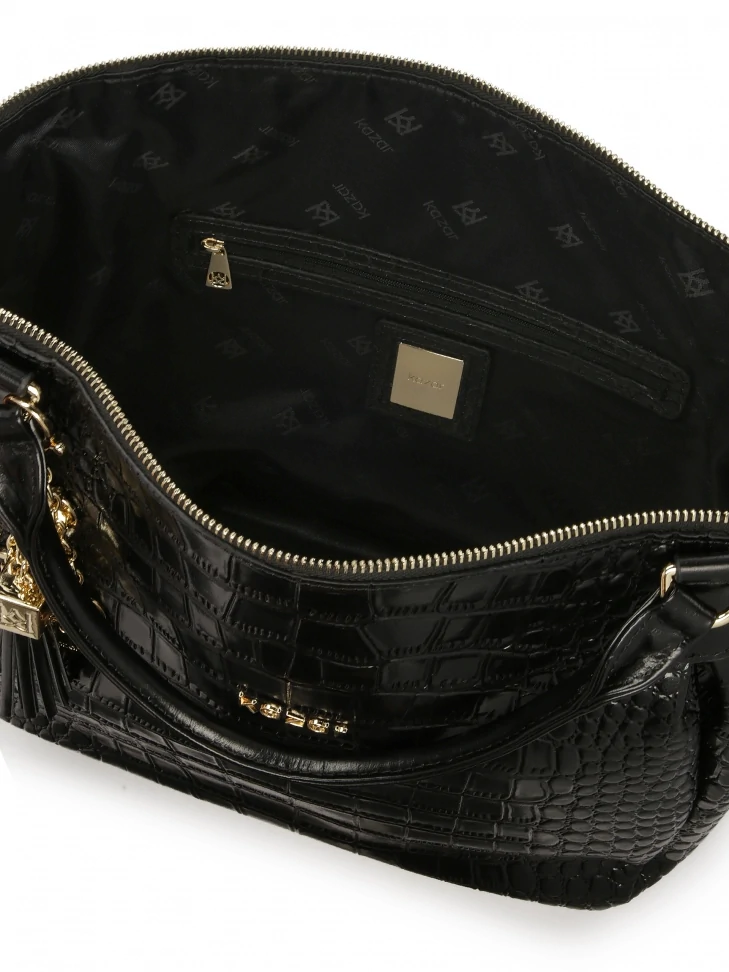 Kazar Black Handbag With Detachable Strap In Embossed Crocodile Pattern