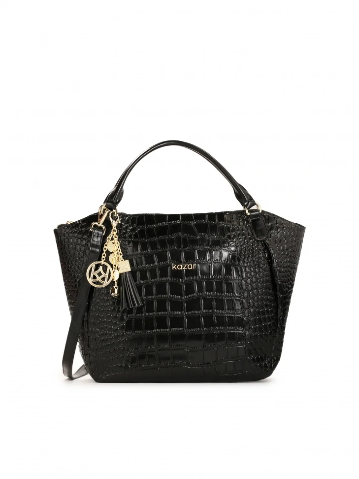 kazar Black handbag with detachable strap in embossed crocodile pattern