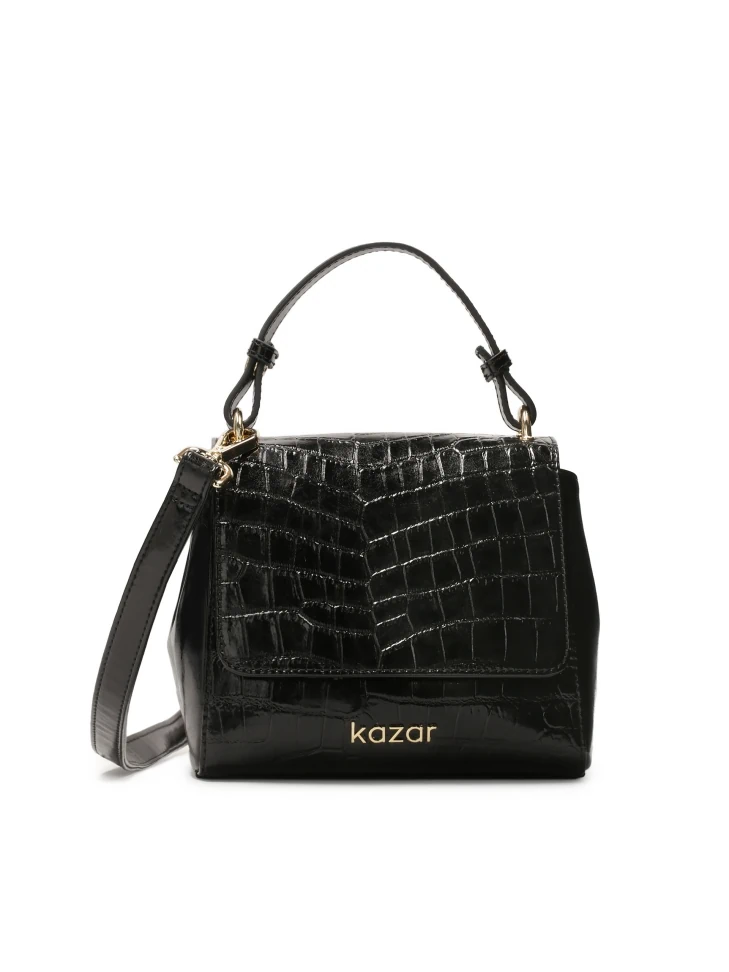 kazar Black handbag with handle decorated with embossed pattern