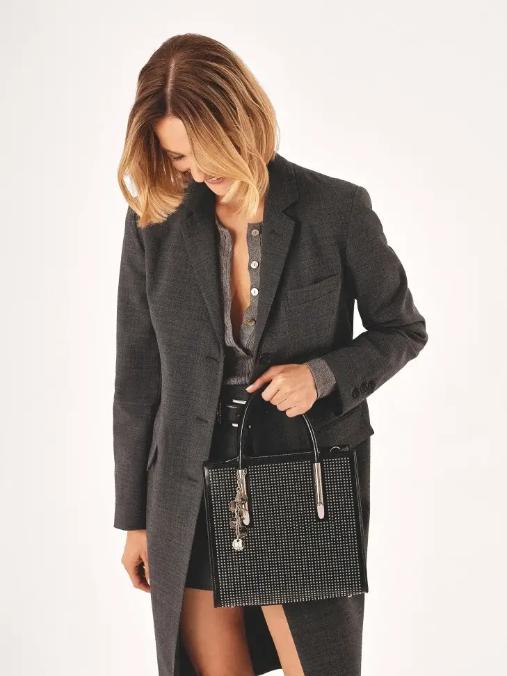 Kazar Black Handbag With Key Ring Decorated With Silver Rhinestones
