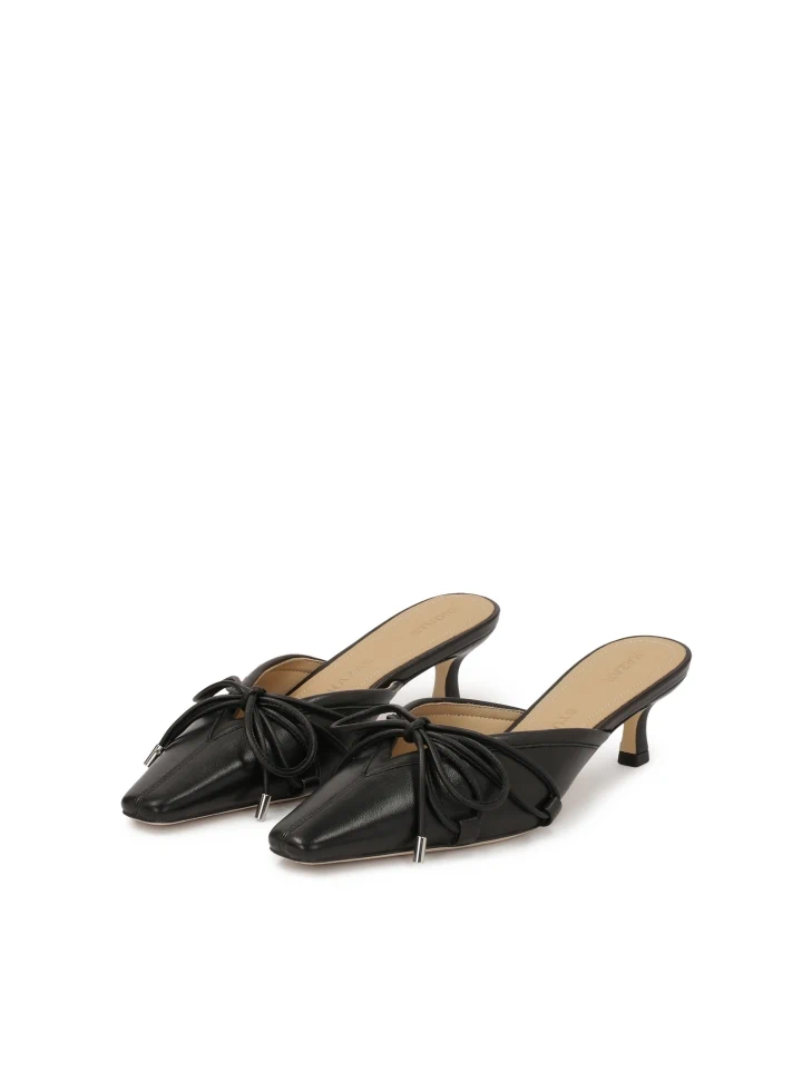Kazar Black Heeled Mules With Built In Front And Bow Detail