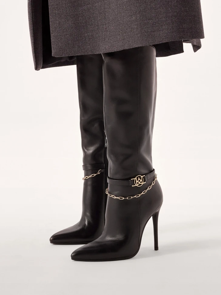 Kazar Black High Stiletto Boots With Decorative Chain