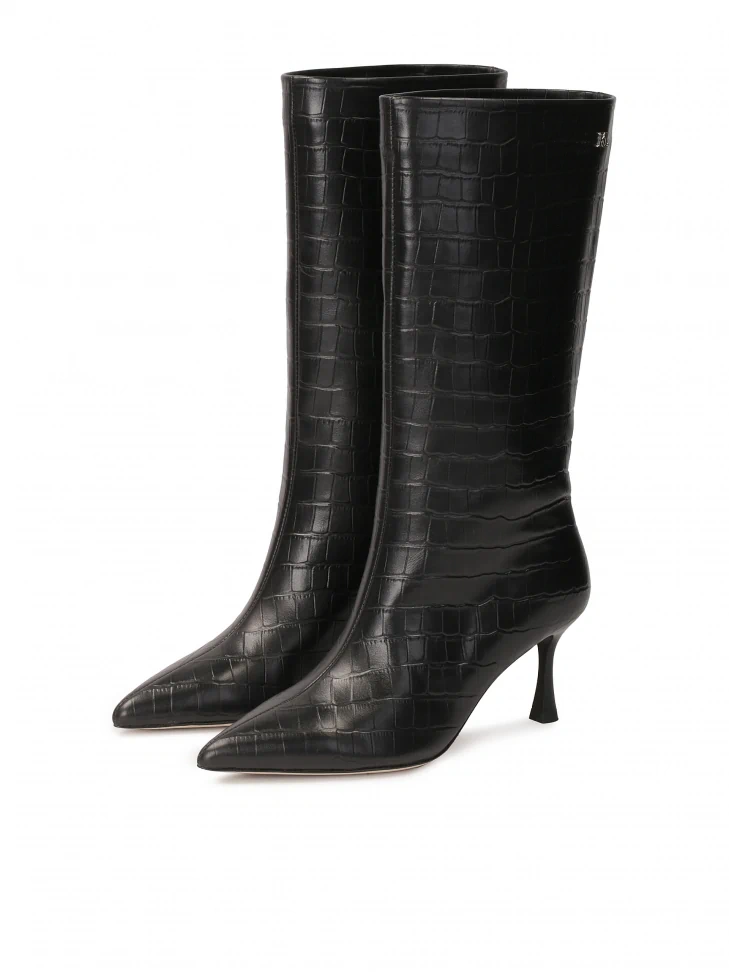 Kazar Black High Top Boots With Embossed Leather Upper