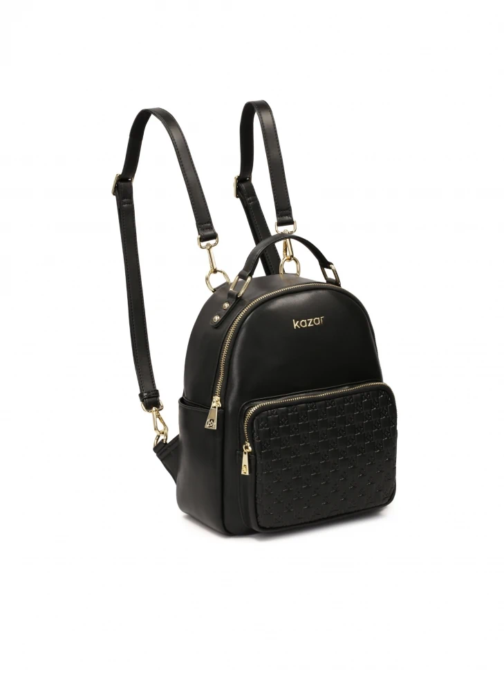 Kazar Black Leather Backpack Decorated With Embossed Pattern