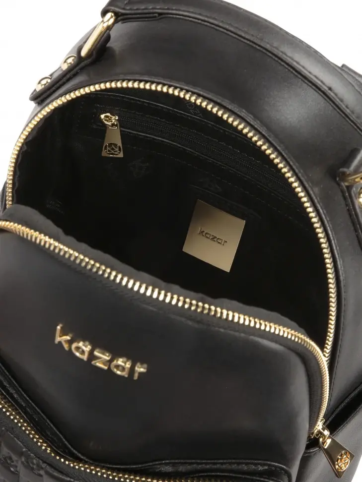 Kazar Black Leather Backpack Decorated With Embossed Pattern