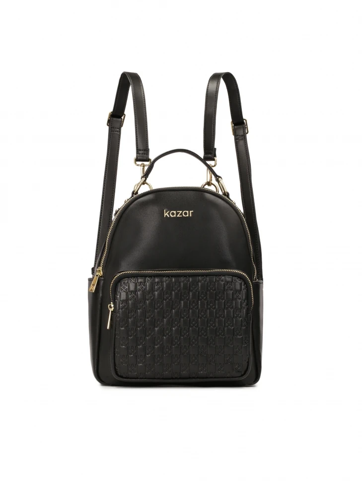 kazar Black leather backpack decorated with embossed pattern