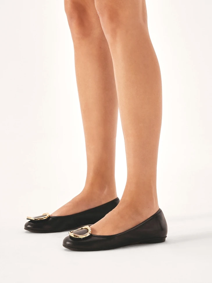 Kazar Black Leather Ballerinas With Large Metal Embellishment