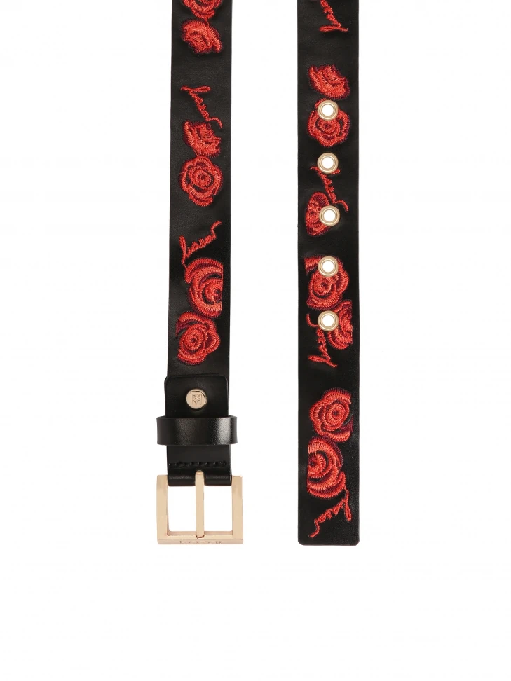 Kazar Black Leather Belt Embroidered With Red Roses